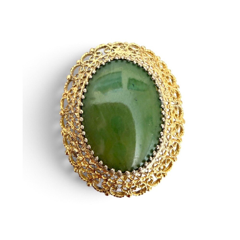 Vintage 1960s Karen Lynne Sterling Silver Gold Vermeil Green Jade Filigree Brooc